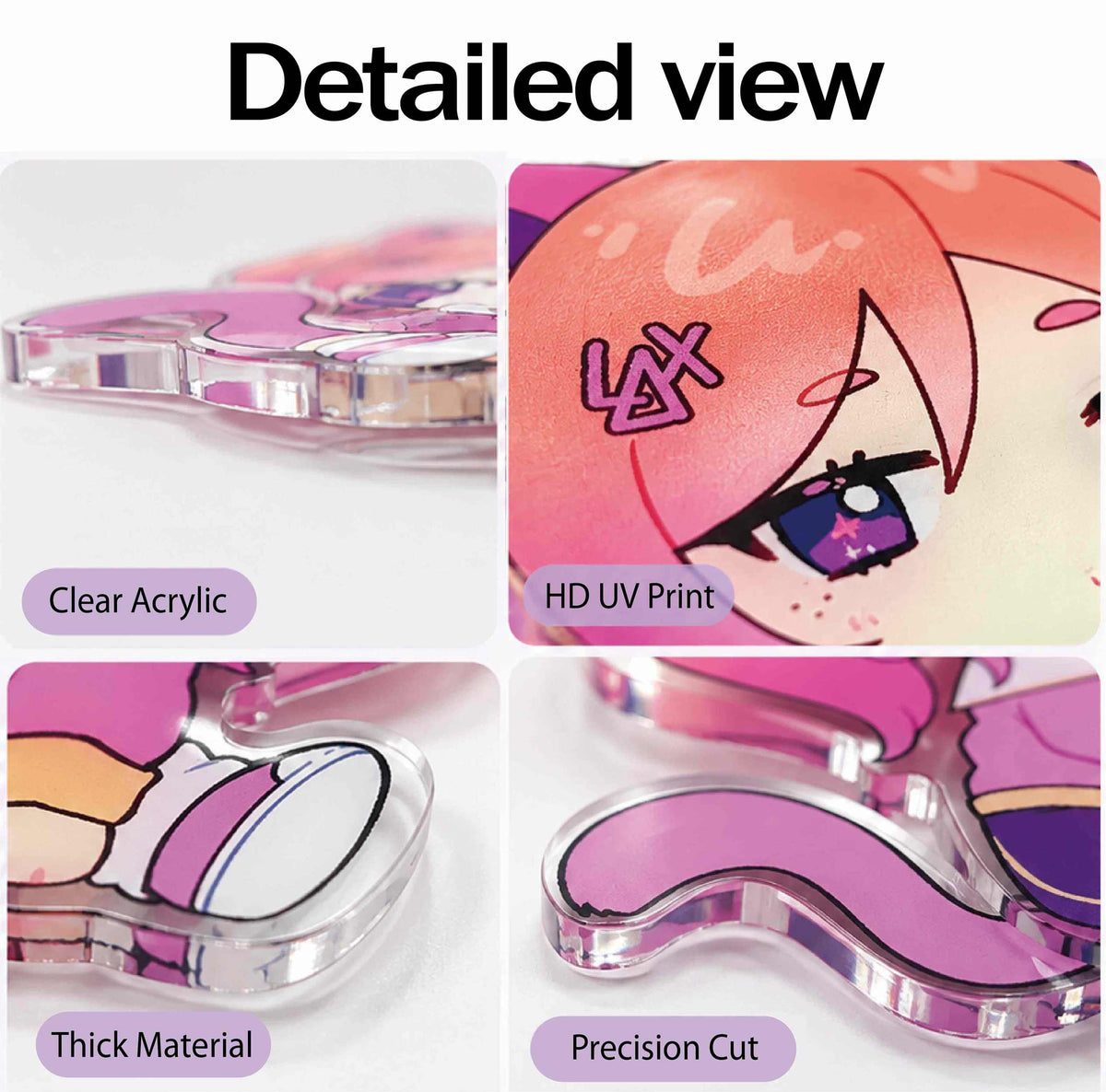 Detailed view showing premium features: Clear Acrylic, HD UV Print, Thick Material, Precision Cut for custom anime acrylic charm