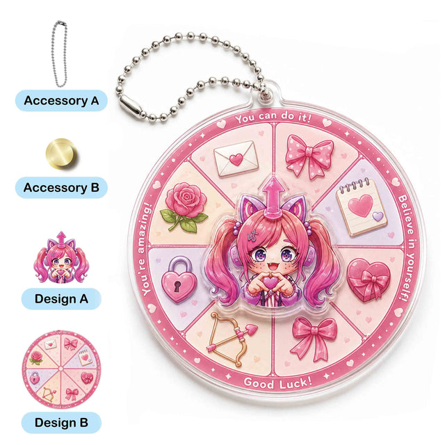 Customized rotating acrylic keychain with a central figure that rotates around a rivet; cute lucky wheel design. LXacrylic