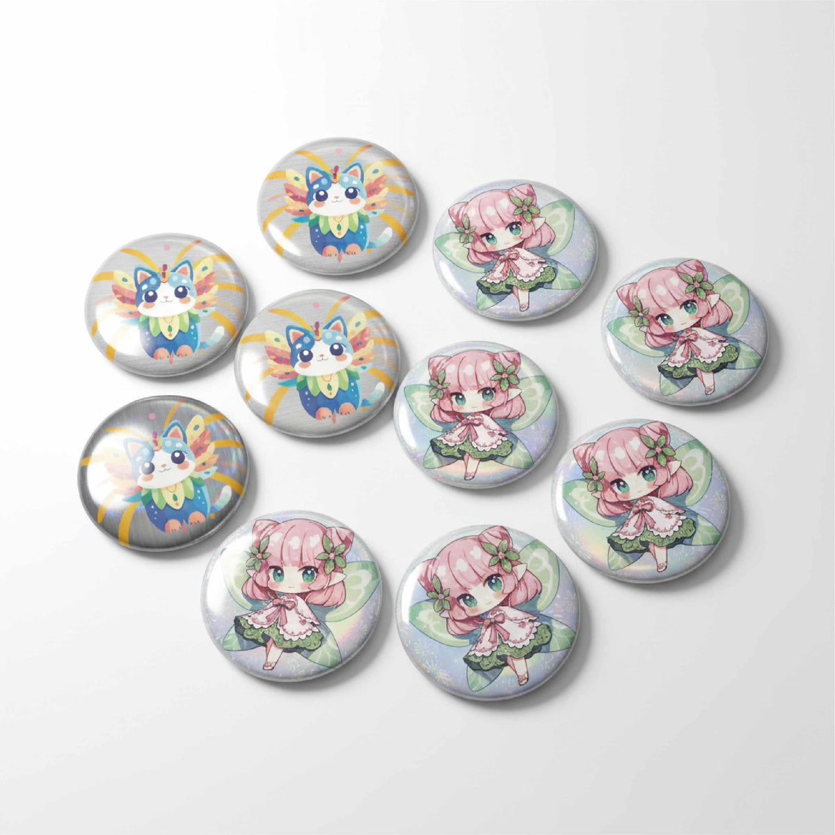 Custom round badges featuring cute anime characters and colorful patterns.
