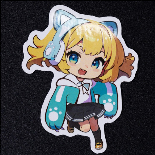Gloss vinyl die‑cut sticker, chibi anime girl character, shiny glossy surface, hand‑made sample display.