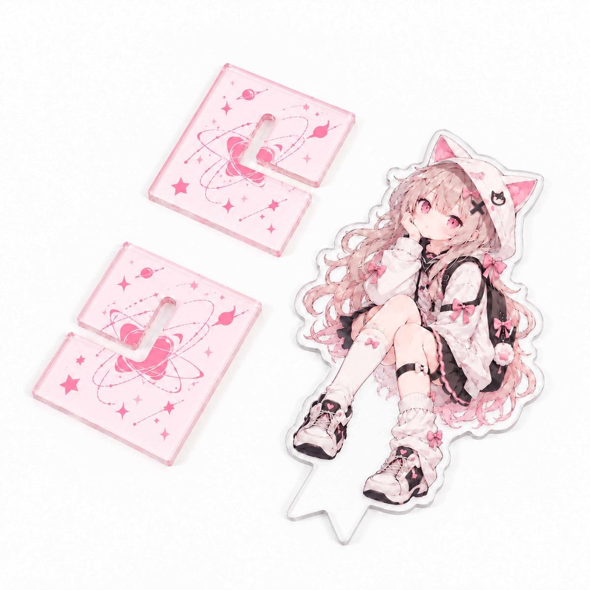 Unassembled clear acrylic anime standee with X-shaped base parts