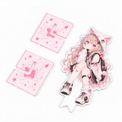 Unassembled clear acrylic anime standee with X-shaped base parts
