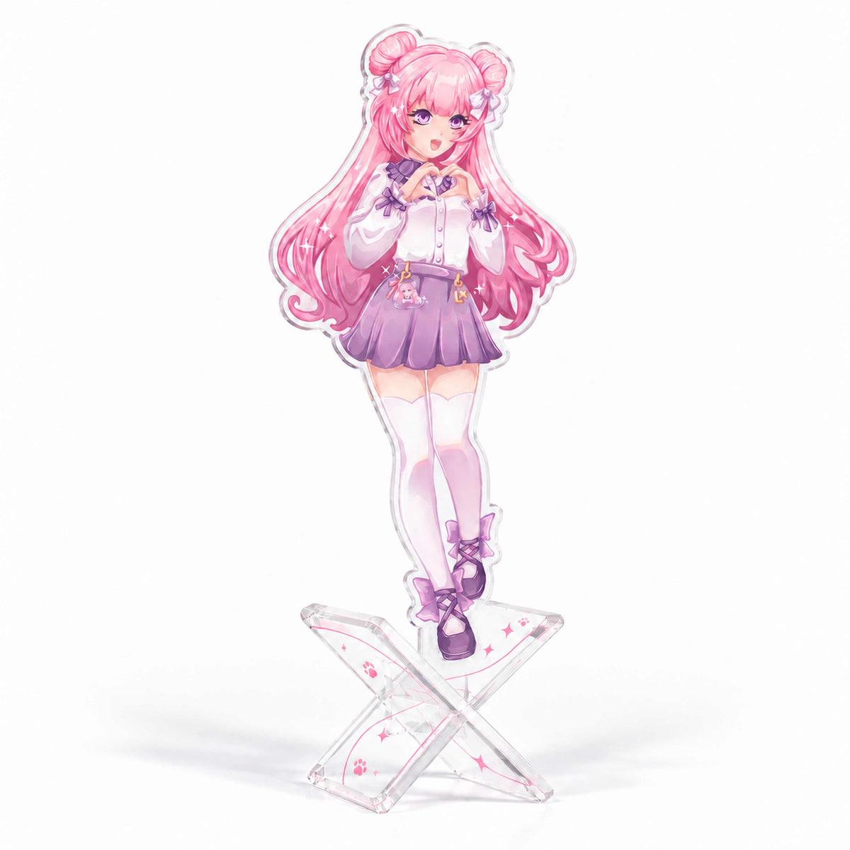 Custom X-shaped transparent acrylic standee featuring a cute anime girl with pink double-buns—a perfect desktop decorative ornament.