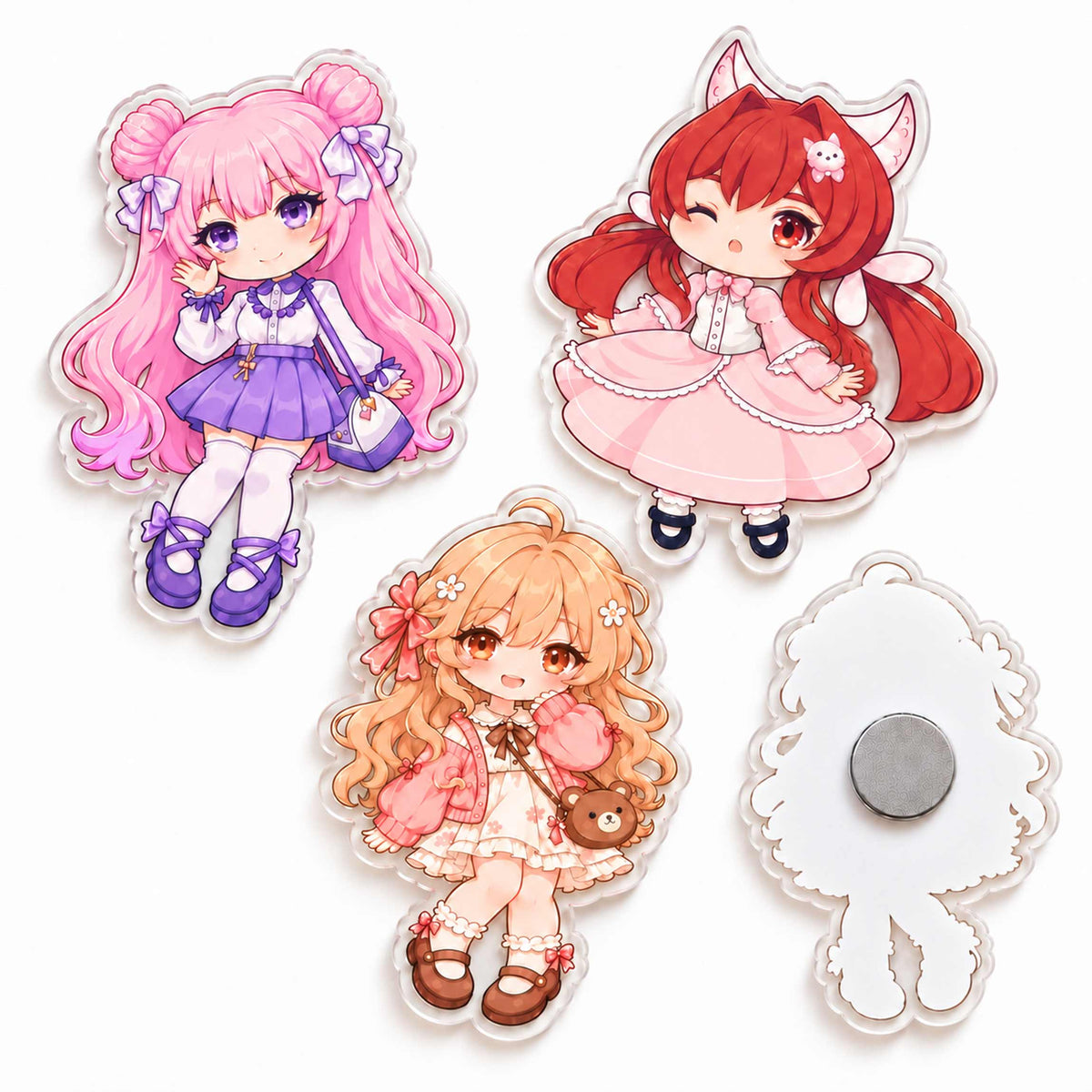 Three custom transparent acrylic refrigerator magnets, featuring a design on the front and a circular magnet on the back.