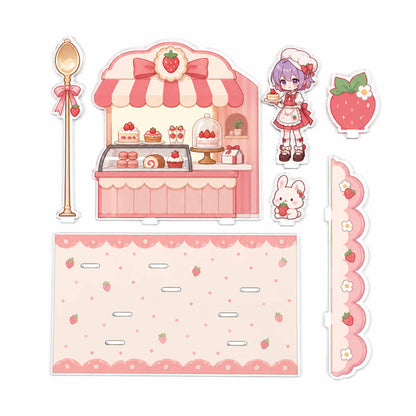 DIY assemble acrylic standee set, strawberry cake shop themed anime girl scene decor