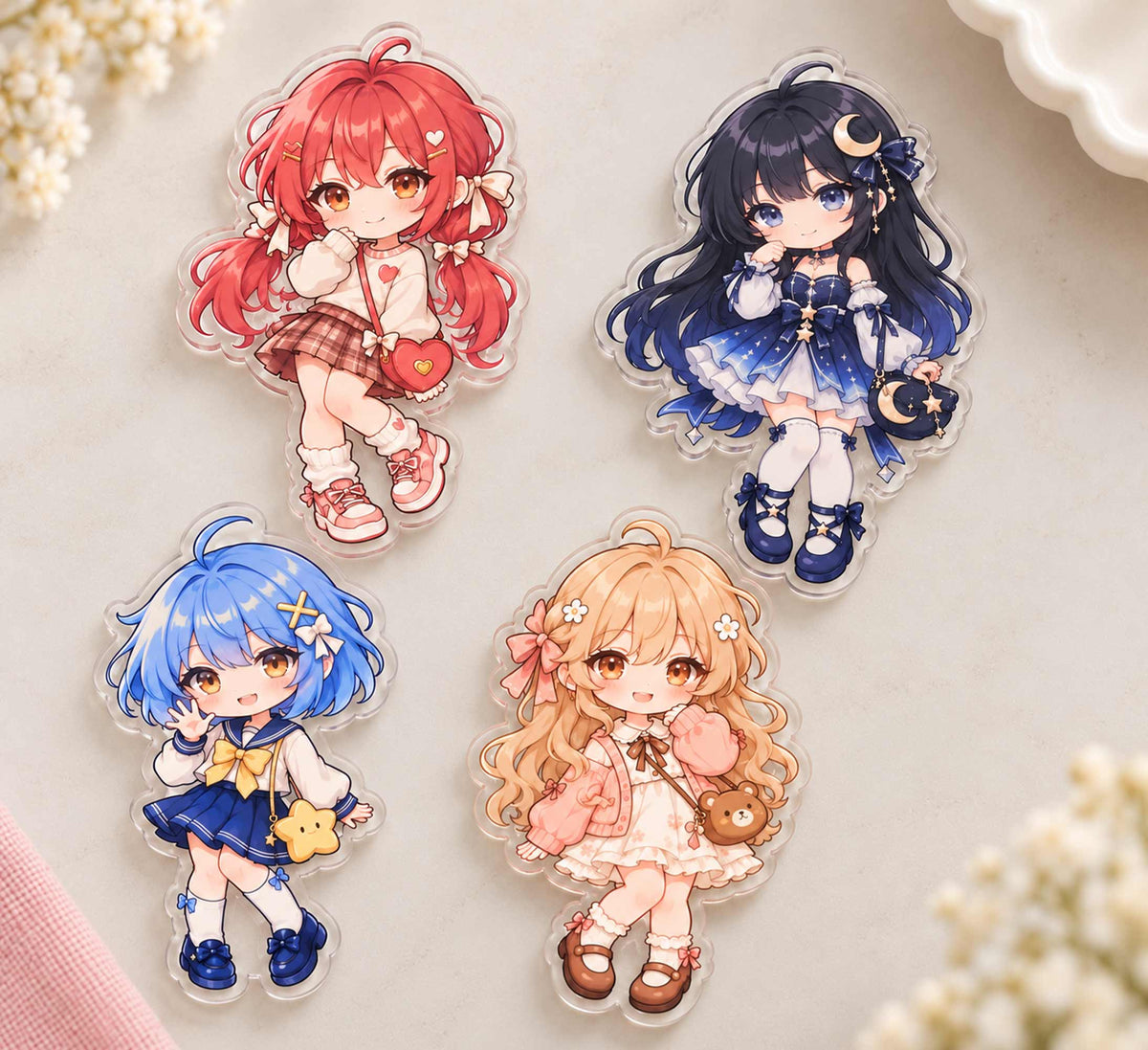Set of 4 cute chibi anime girl clear acrylic fridge magnets,  custom anime fridge decor