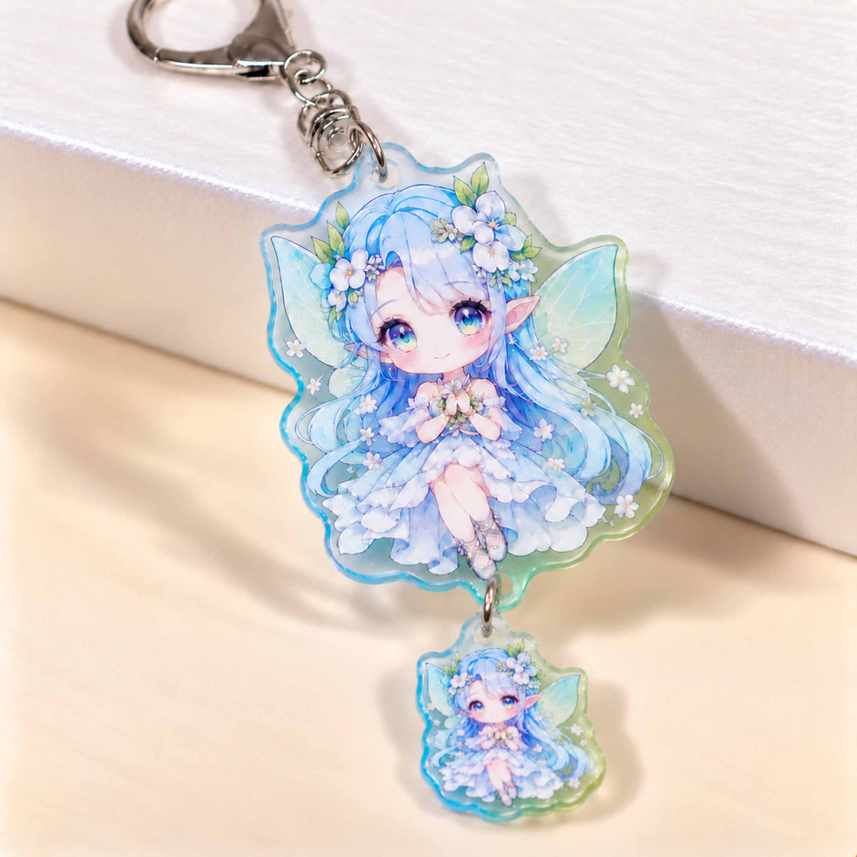 Anime chibi elf girl acrylic keychain, gradient double pendant charm, custom bag pendant