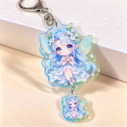 Anime chibi elf girl acrylic keychain, gradient double pendant charm, custom bag pendant
