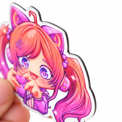 Close-up view anime pink twin tail girl fridge magnet, custom decorative magnet