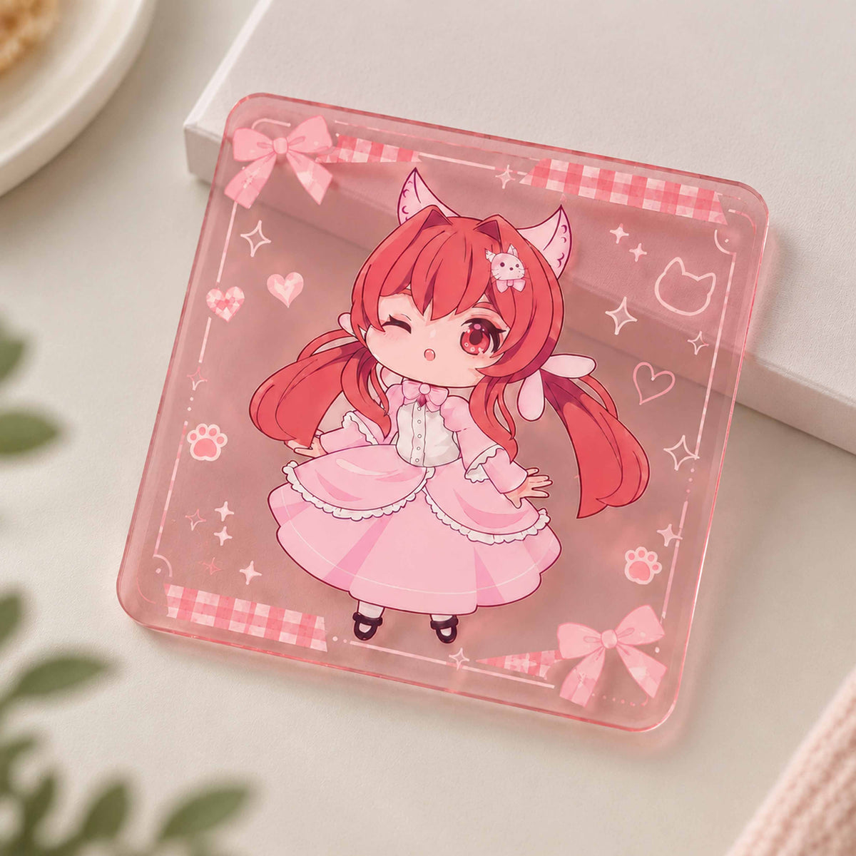 English: Custom translucent pink acrylic coaster, square chibi cat girl cartoon print