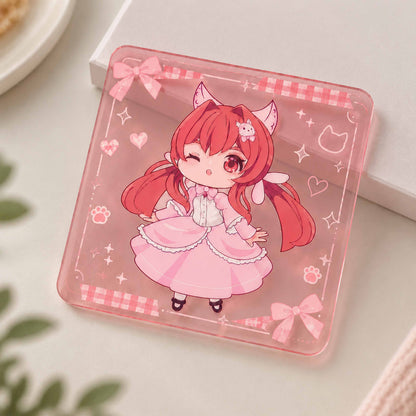 English: Custom translucent pink acrylic coaster, square chibi cat girl cartoon print