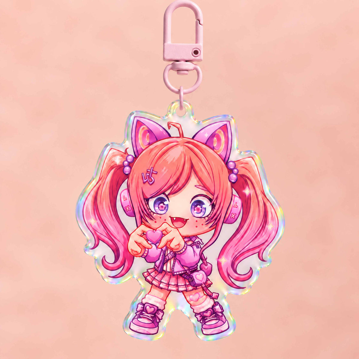 Kawaii anime girl hologram keychain with cat headphones