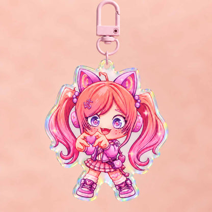 Kawaii anime girl hologram keychain with cat headphones