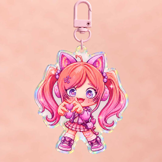 Kawaii anime girl hologram keychain with cat headphones