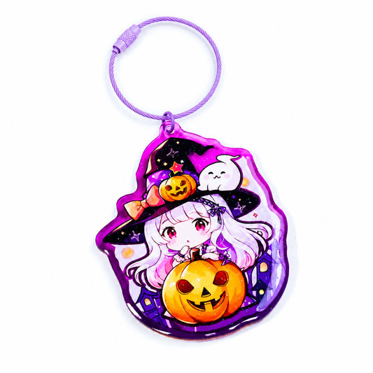 Halloween Witch Acrylic Keychain with Purple Steel Wire Key Ring, custom art, perfect small gift