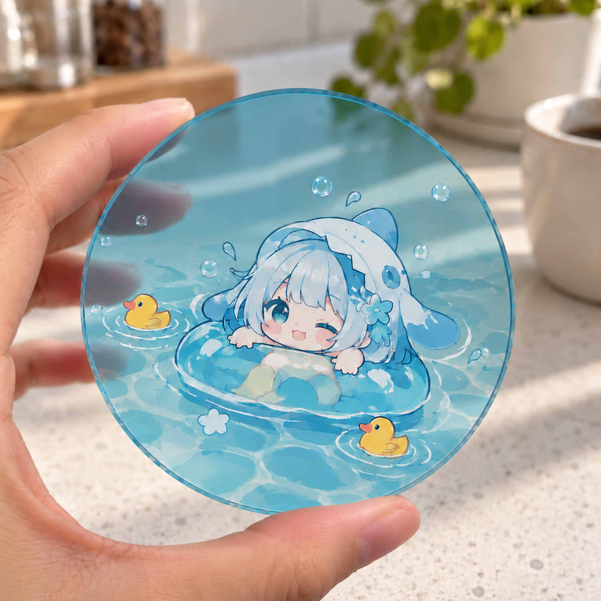 Round translucent acrylic coaster, cute cartoon illustration, table decor gift for anime lovers