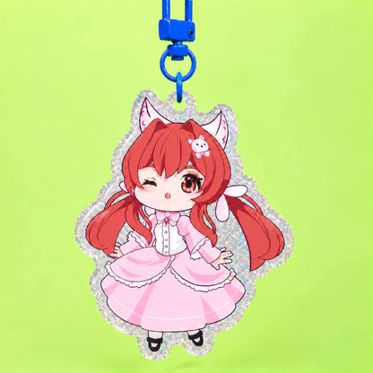 Glitter holographic acrylic keychain, chibi fox anime girl with red hair