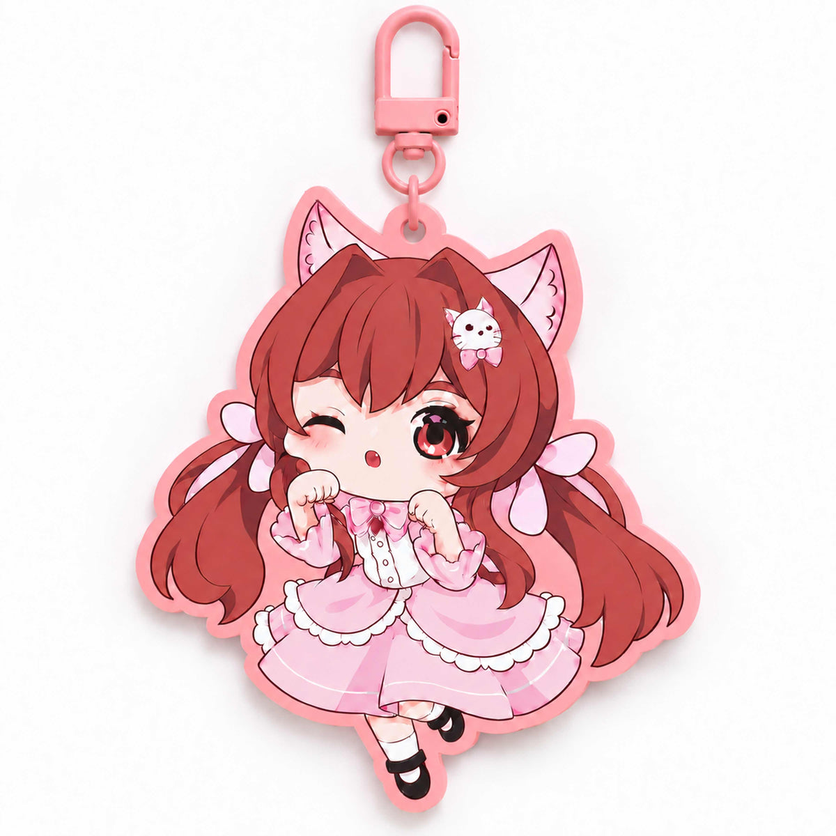 Solid pink border anime chibi cat girl acrylic keychain custom