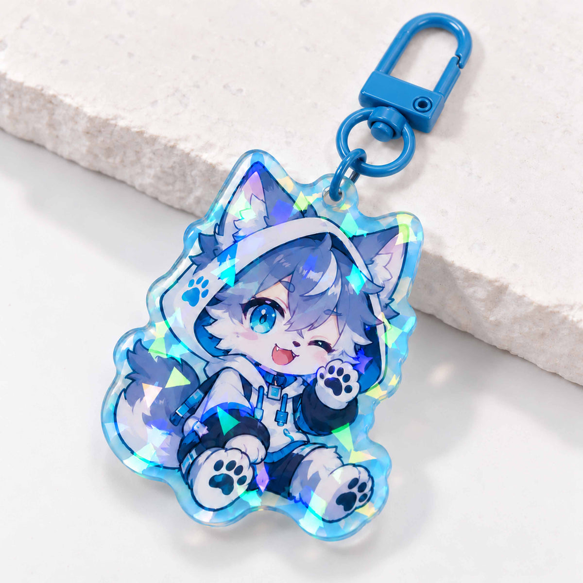Anime furry wolf boy acrylic keychain, holographic cracked glass charm, custom bag pendant