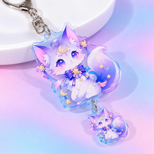 Chibi moon star fox acrylic double pendant keychain, custom bag charm
