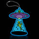 Blue glow in dark acrylic keychain, cartoon alien UFO spaceship charm with ball chain