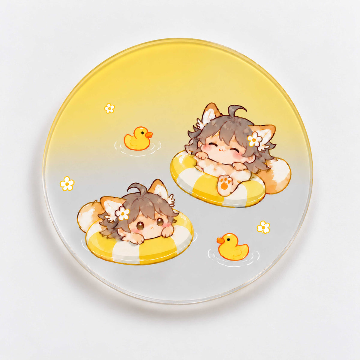 Custom gradient translucent acrylic coasters featuring a cute cartoon fox design, suitable for various types of drinkware