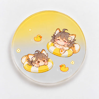Custom gradient translucent acrylic coasters featuring a cute cartoon fox design, suitable for various types of drinkware