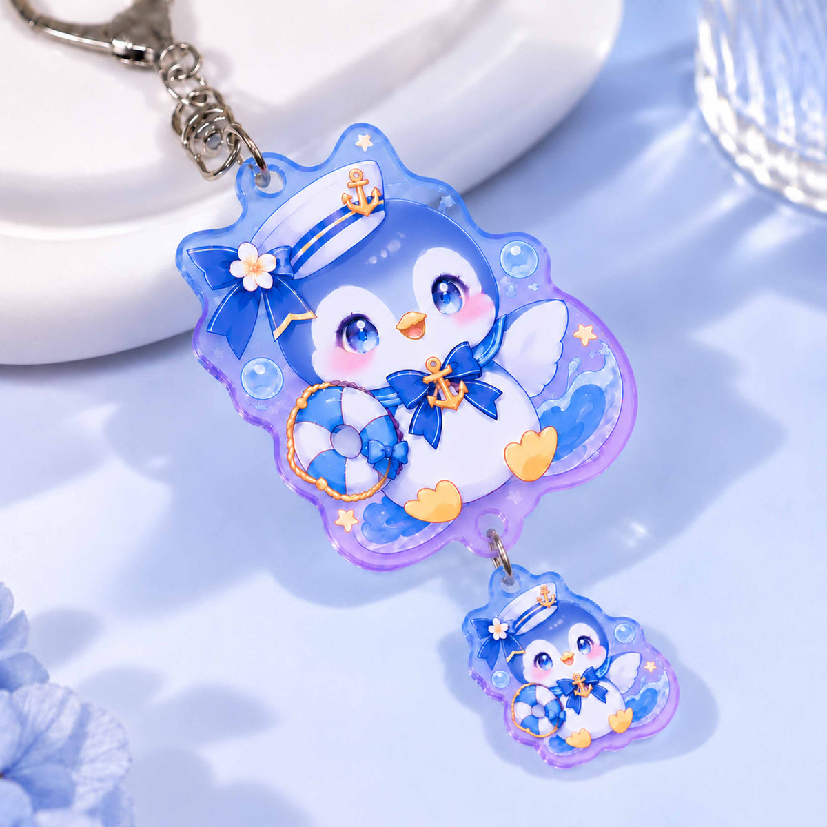 Anime chibi sailor penguin acrylic keychain, gradient double pendant charm, custom bag pendant