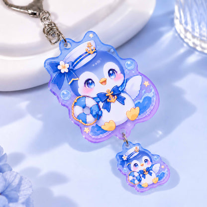 Anime chibi sailor penguin acrylic keychain, gradient double pendant charm, custom bag pendant