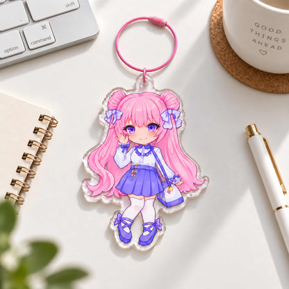 Clear acrylic key charm, pink metal steel wire loop, cute anime pink hair character, customizable