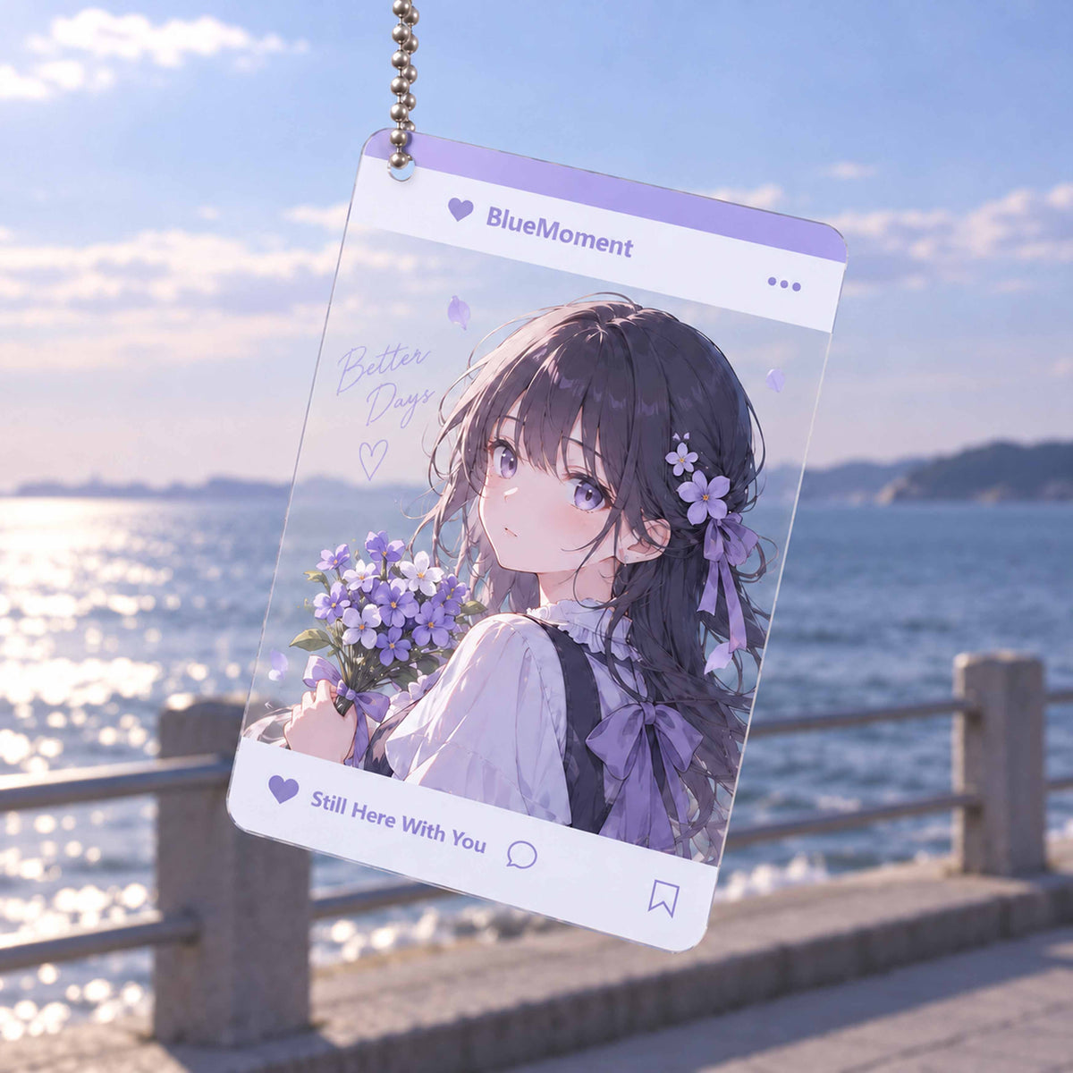 Custom social feed style transparent PVC card keychain, purple flower anime girl gift