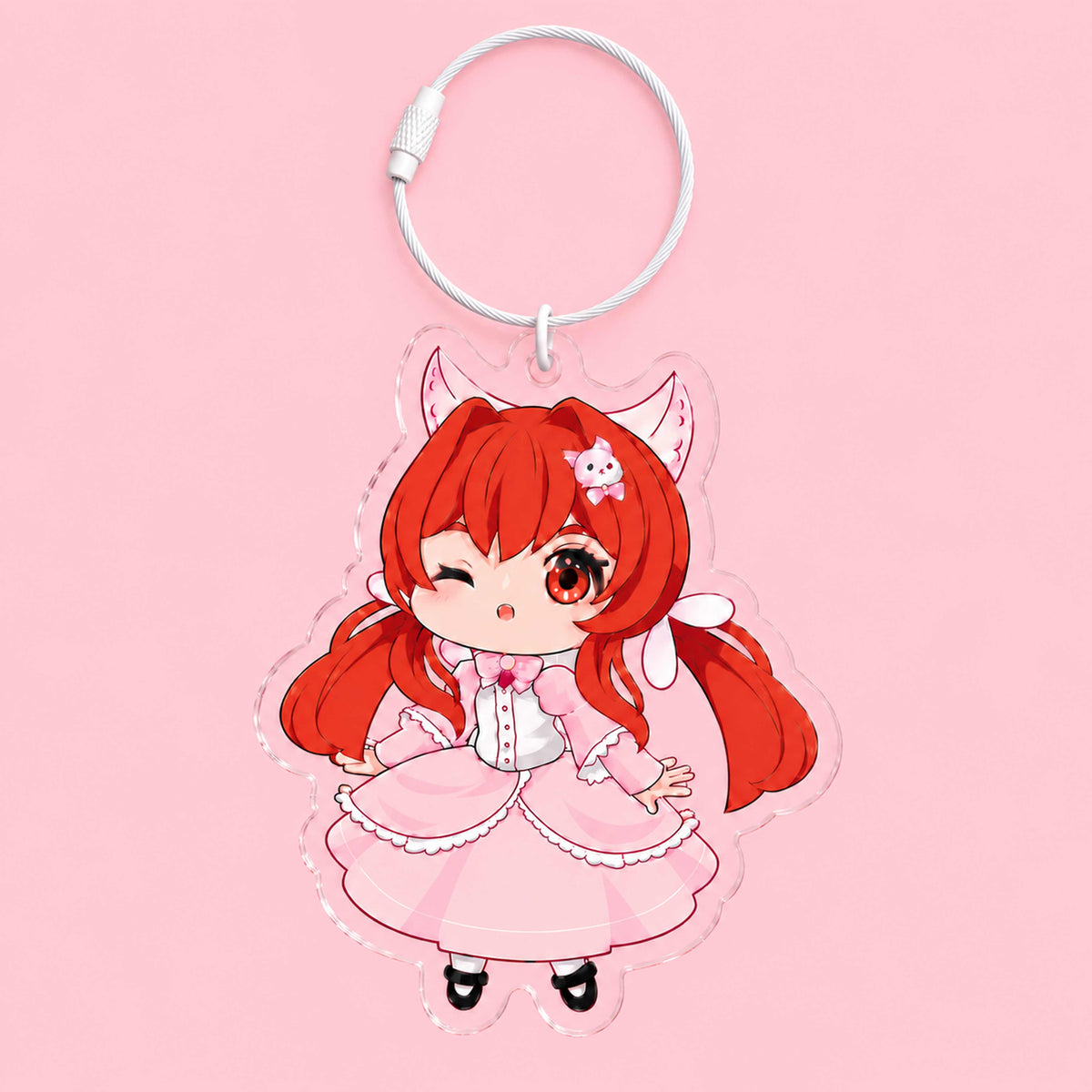 Cute chibi-style anime girl with cat ears—acrylic keychain featuring double-sided printing and a white steel wire loop; custom designs available.