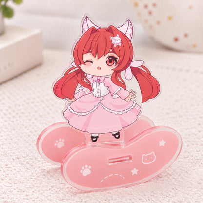 Fox ear chibi anime girl custom acrylic wobble standee, pink paw base, rocking desk ornament, personalized gift