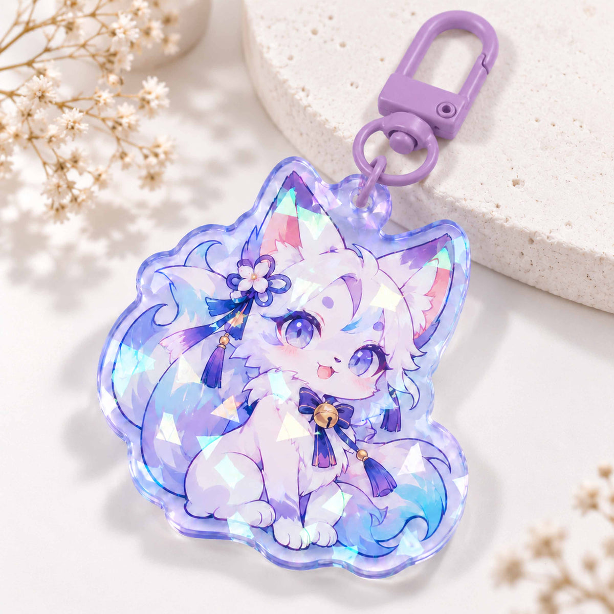 Anime furry nine-tailed fox acrylic keychain, holographic cracked glass charm, custom bag pendant