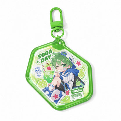 Fresh lime soda themed acrylic key charm with swivel snap hook, souvenir gift