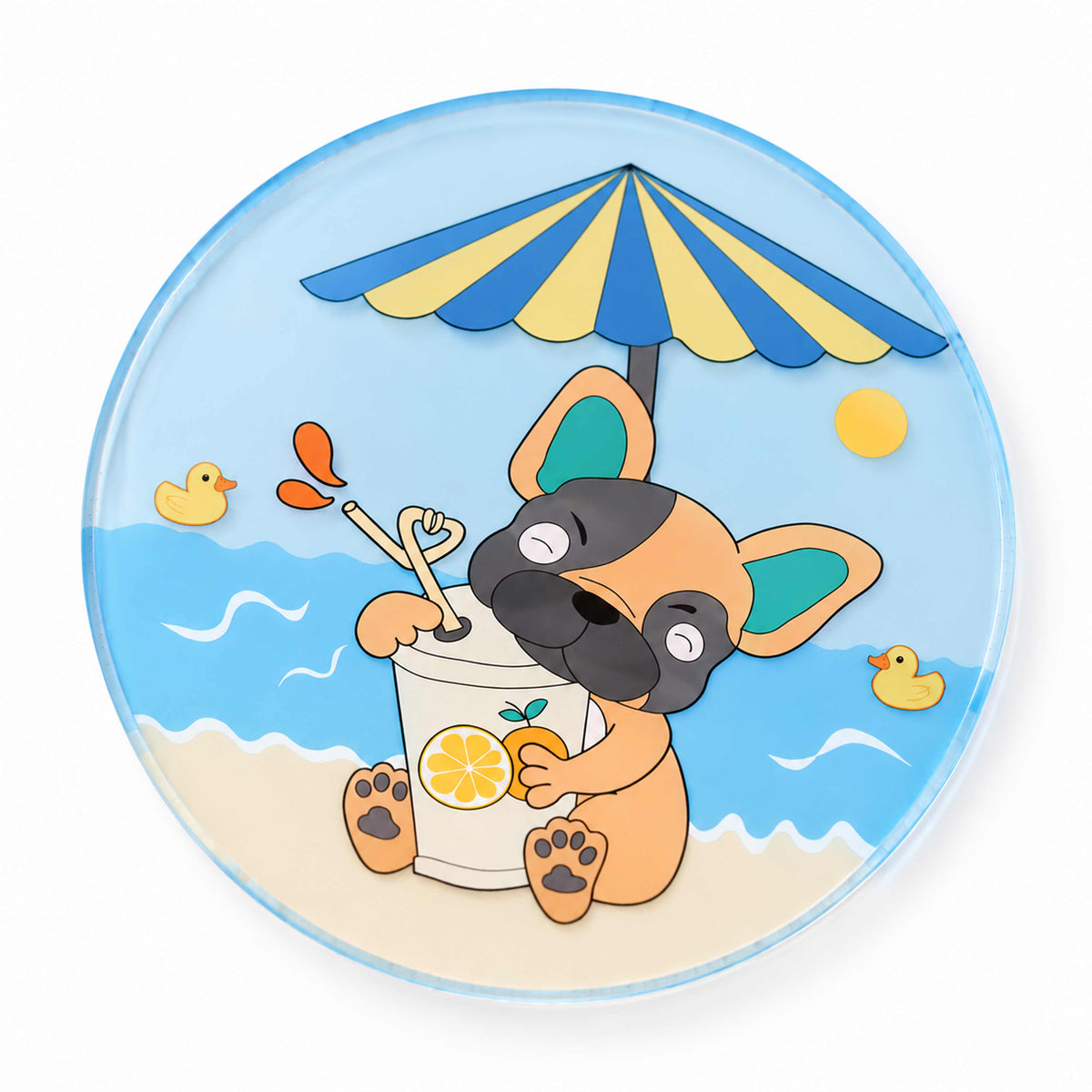 Custom round acrylic coaster, cute dog summer beach design