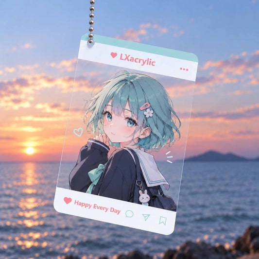 Sunset seaside PVC photo charm with silver ball chain, souvenir gift