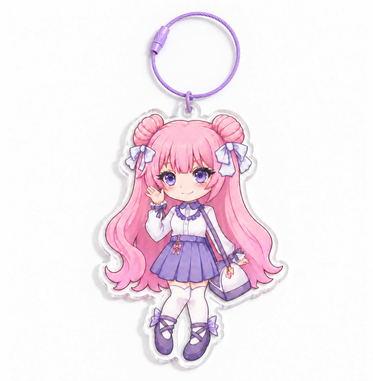 Kawaii Chibi Girl Acrylic Bag Charm, Heavy Duty Purple Steel Wire Keyring, lovely gift