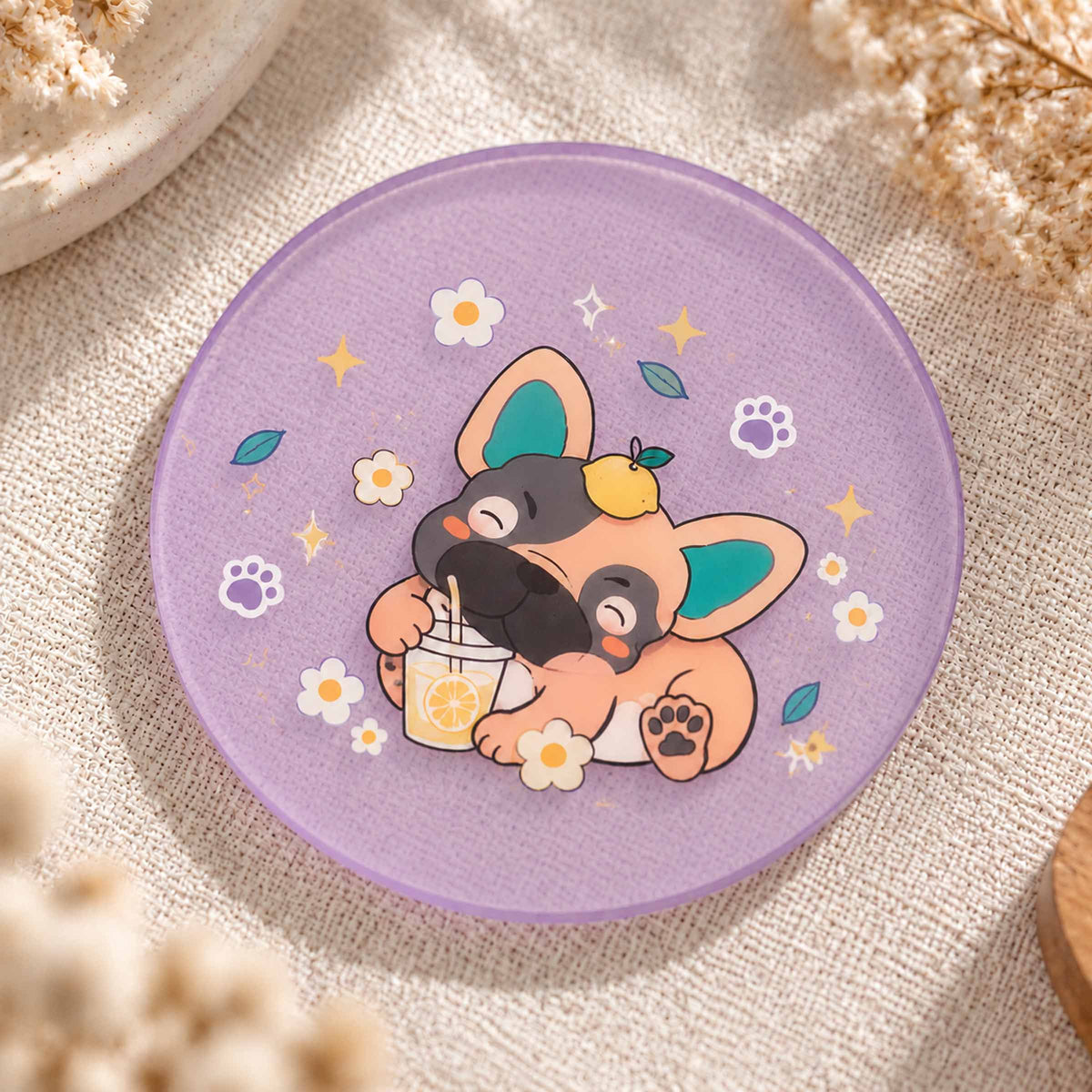 Custom drink coaster, purple translucent acrylic