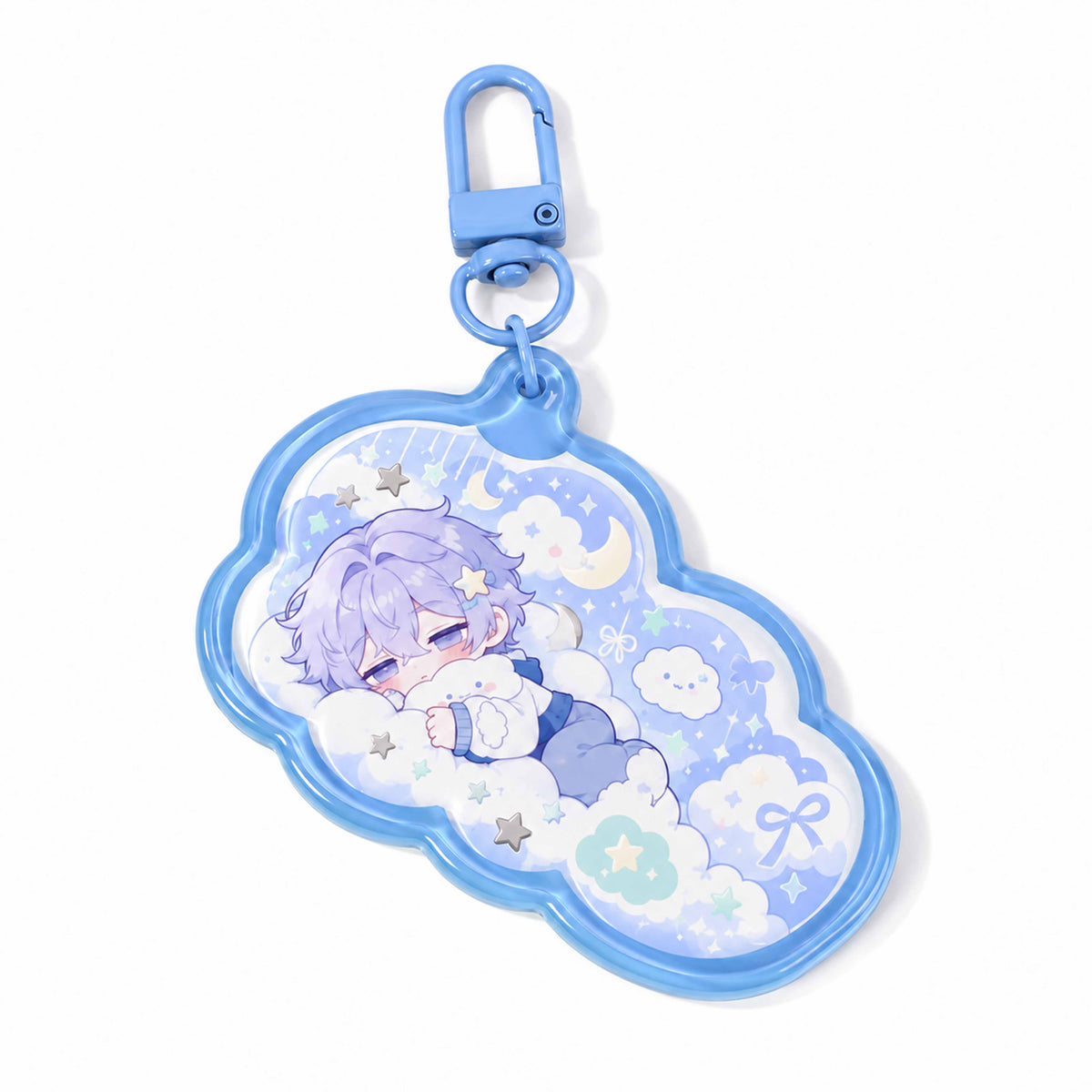 Custom 3D double‑layer cloud‑shaped acrylic keychain, sleeping chibi boy gift