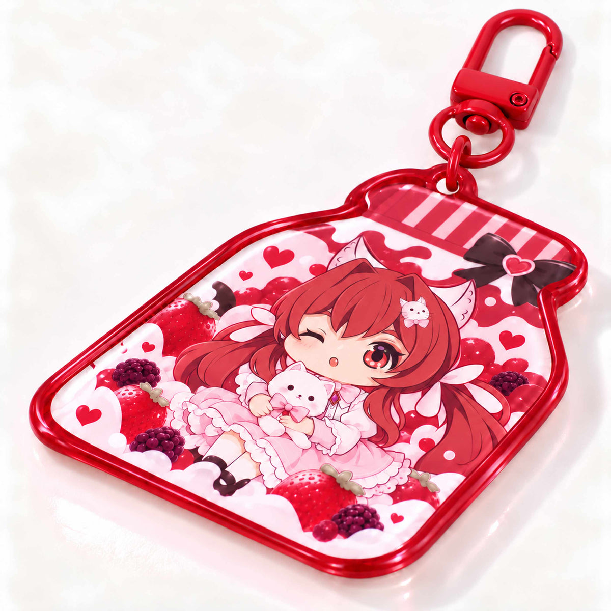 Custom 3D framed acrylic keychain, cute strawberry cat girl fan gift