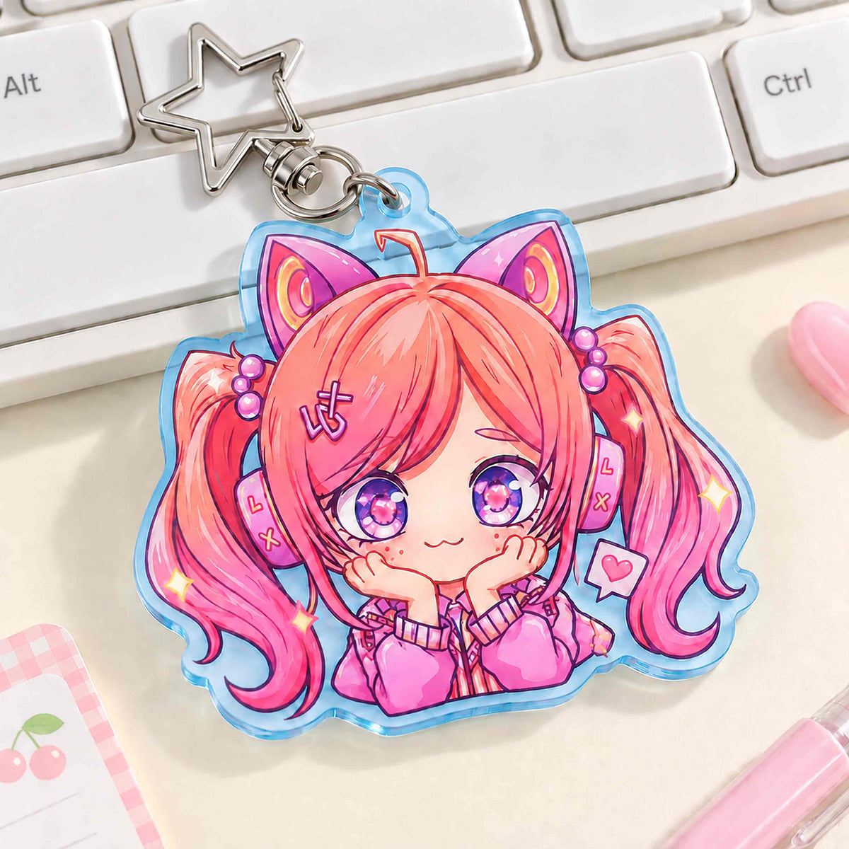 Semi-transparent acrylic charm, custom chibi anime cat ear girl keychain with star metal clasp
