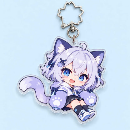 Custom tail-wagging acrylic pendant featuring chibi neko girl, clear acrylic, perfect gift for anime fans