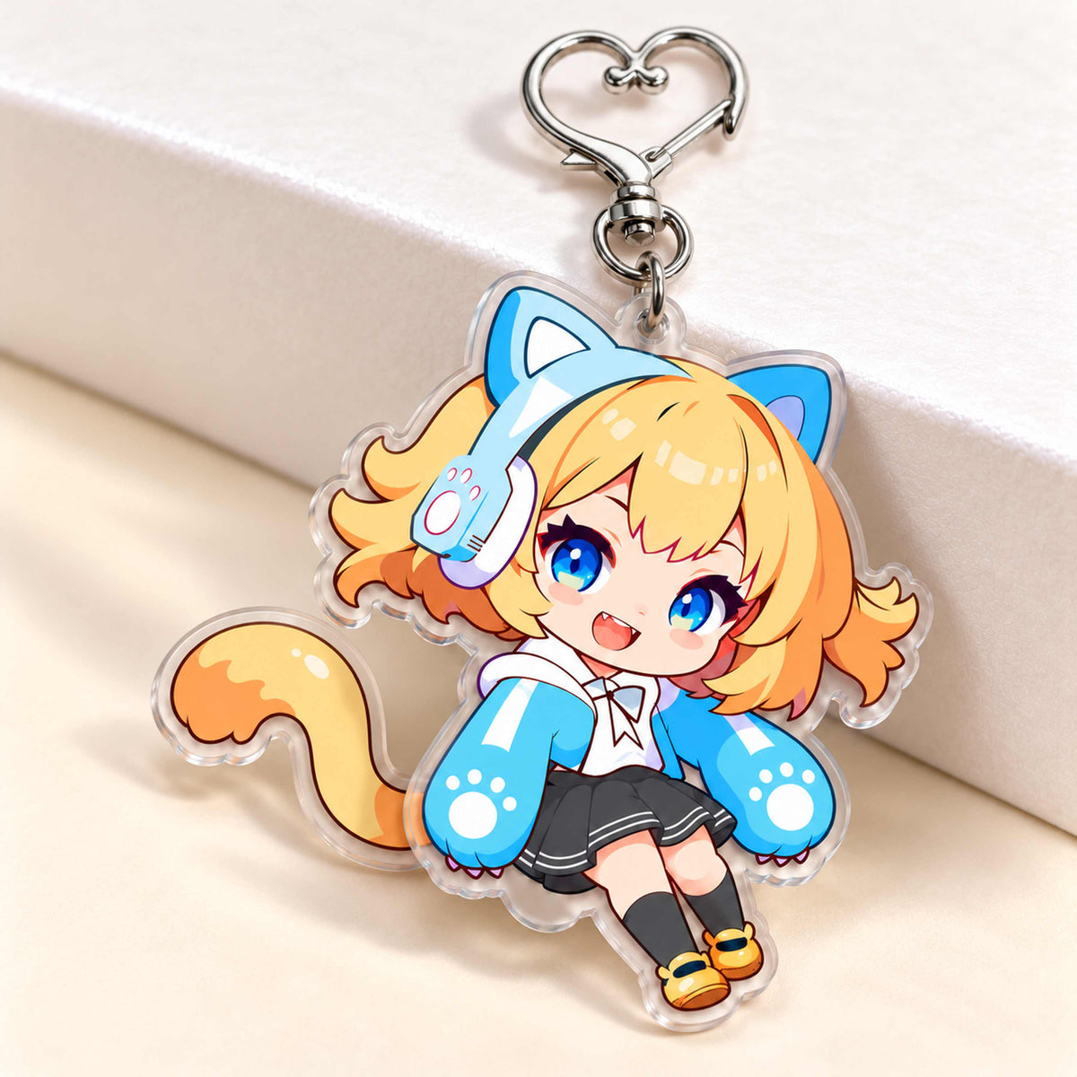 Golden hair chibi neko girl acrylic keychain with movable tail, custom anime charm