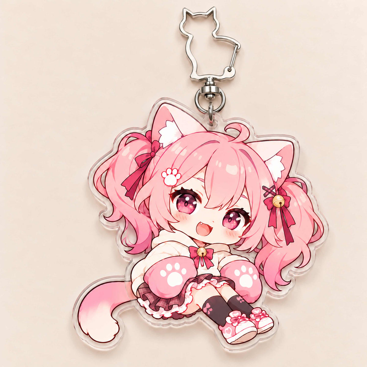 Movable tail acrylic keychain, cute pink-haired chibi cat girl anime charm