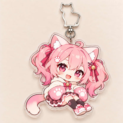 Movable tail acrylic keychain, cute pink-haired chibi cat girl anime charm