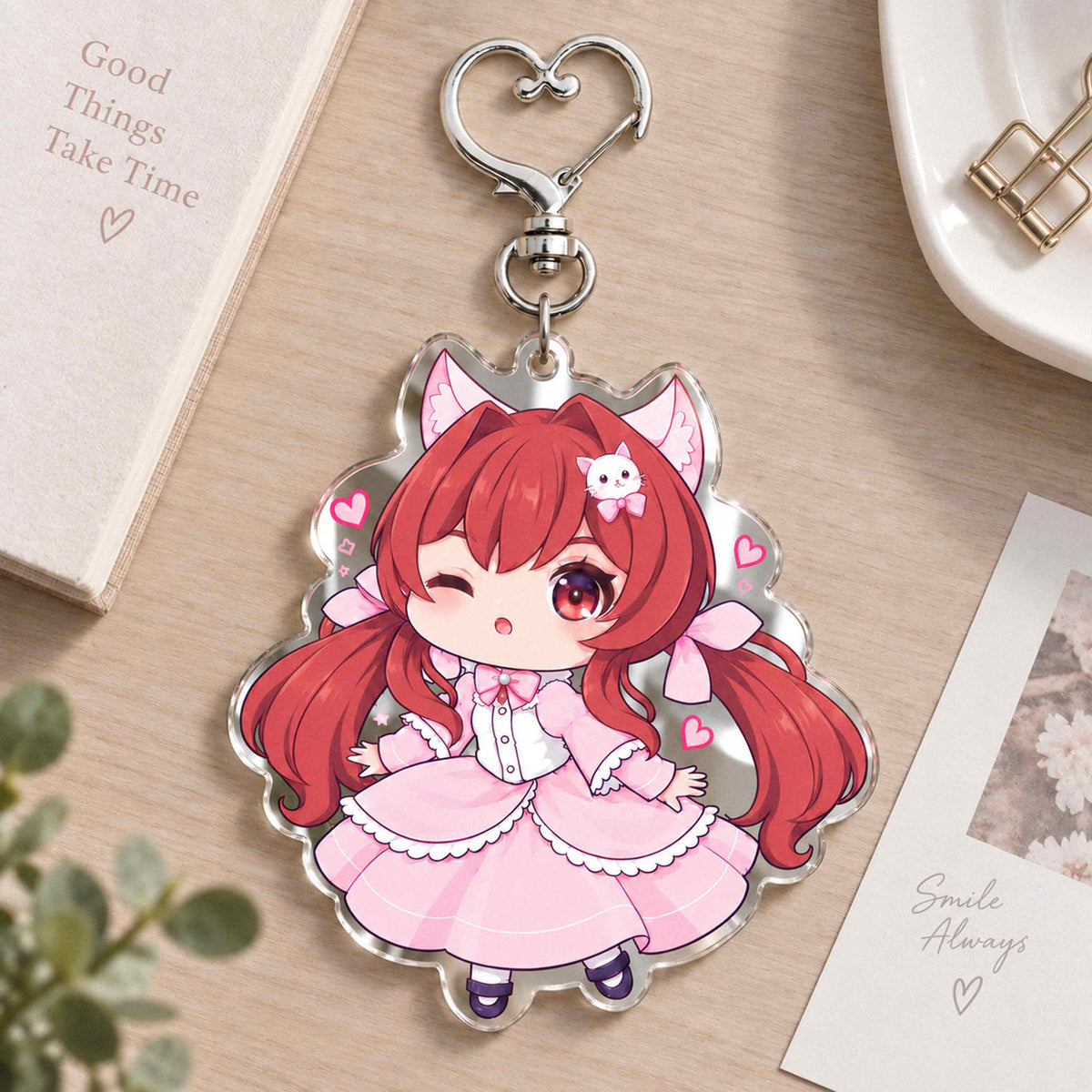 Anime chibi fox girl mirror acrylic keychain on wooden table, custom printed die cut acrylic charm