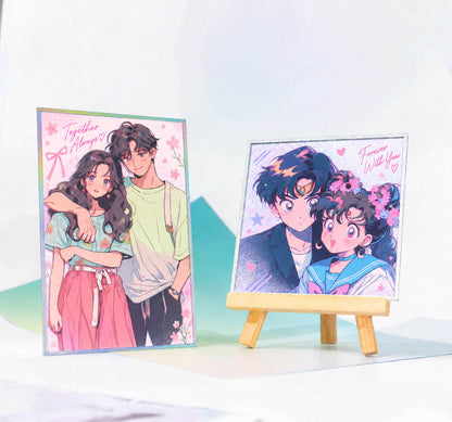 Custom Acrylic Shikishi Art Board, couple anime character art shikishi with glitter background, holographic border