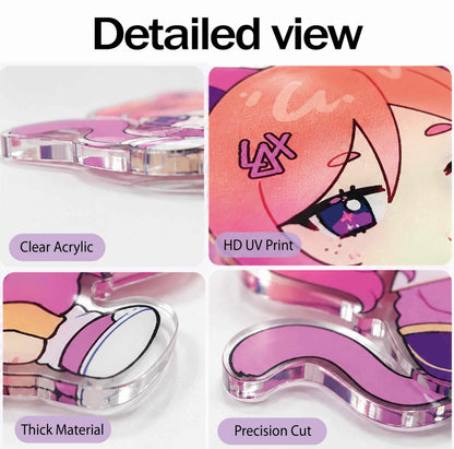 Detailed view showing premium features: Clear Acrylic, HD UV Print, Thick Material, Precision Cut for custom anime acrylic charm