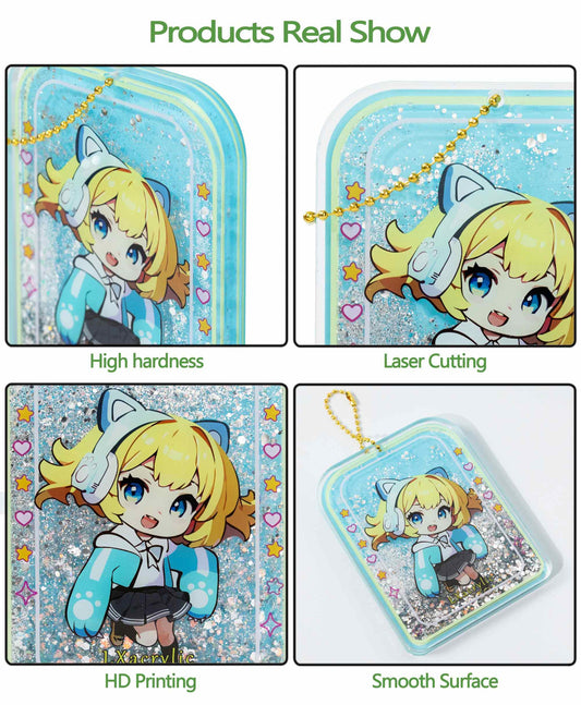 Transparent quicksand acrylic keychain with custom artwork and premium acrylic layers